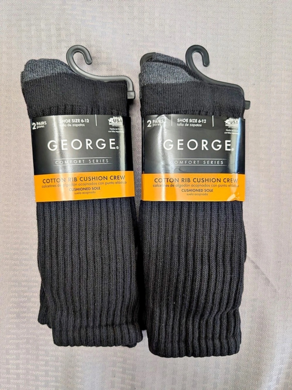 (4 Pk) George Men's Black Comfort Series Cotton Rib Cushion Crew Socks Sz 6-12